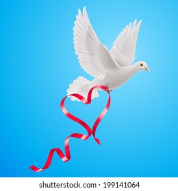 White dove with red ribbon on the blue background.