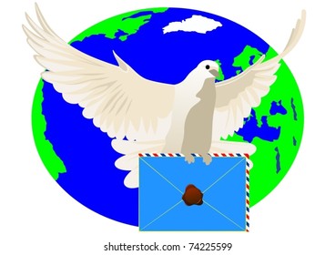 White dove with a sealed letter on the background of the Earth