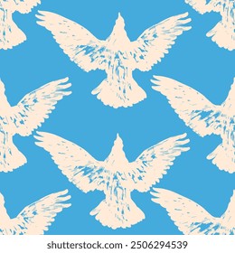 White dove seamless pattern. Hand drawn brush stroke bird animal shape seamless pattern. Contemporary art flat vector cartoon background, simple white birds flying in bright blue sky colors.