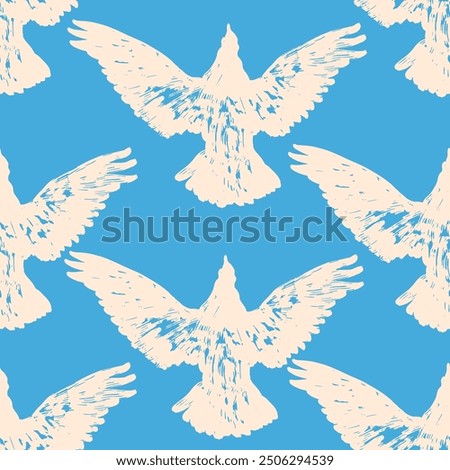 White dove seamless pattern. Hand drawn brush stroke bird animal shape seamless pattern. Contemporary art flat vector cartoon background, simple white birds flying in bright blue sky colors.