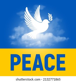 White dove silhouette flying above the clouds, with olive twig, on the yellow blue background. Concept of peace in Ukraine. Vector illustration.