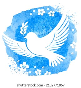 White dove silhouette flying with olive twig on the blue watercolor background with flowers. Symbol of peace. Vector illustration.