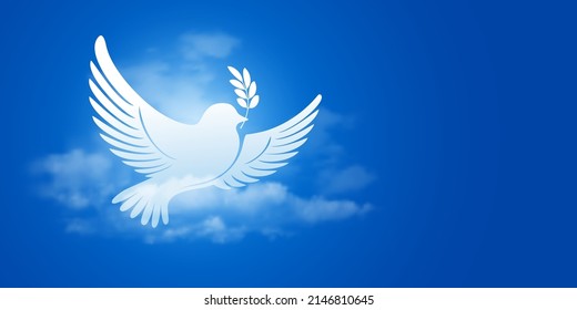 White dove silhouette flying with olive twig on the blue sky background with clouds. Symbol of peace. Vector illustration.