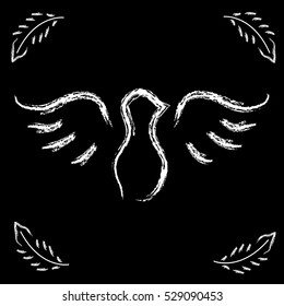 White dove silhouette  on black background with feathers silhouette. Vector illustration.