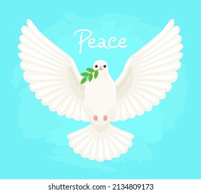 White dove with spread wings on blue background. Peace symbol. Pigeon with olive branch in sky. Vector flat cartoon bird illustration.
