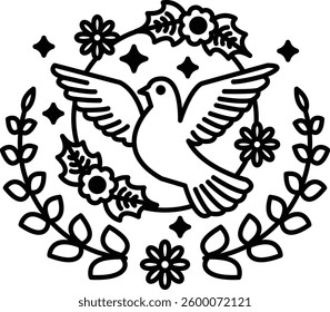 A white dove is surrounded by flowers and leaves