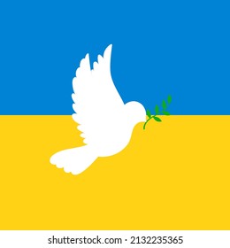 White dove is a symbol of peace. Flying dove with olive twig on the background of the flag of Ukraine. No war. Stop the war.