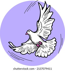 White dove is symbol of peace, hope, love in the world. Flying pigeon like holy spirit brings freedom, joy, grace. Hand drawn retro vintage vector illustration. Old style comics cartoon line drawing.