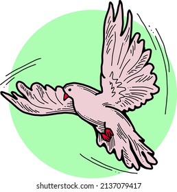 White dove is symbol of peace, hope, love in the world. Flying pigeon like holy spirit brings freedom, joy, grace. Hand drawn retro vintage vector illustration. Old style comics cartoon line drawing.