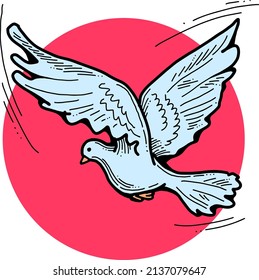 White dove is symbol of peace, hope, love in the world. Flying pigeon like holy spirit brings freedom, joy, grace. Hand drawn retro vintage vector illustration. Old style comics cartoon line drawing.