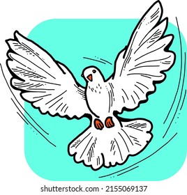White dove is symbol of peace, hope, love in the world. Flying pigeon like holy spirit brings freedom, joy, grace. Hand drawn retro vintage vector illustration. Old style comics cartoon line drawing.