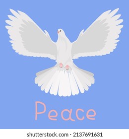 A white dove is a symbol of peace and the inscription peace, isolated on a blue background.Vector illustration,poster.