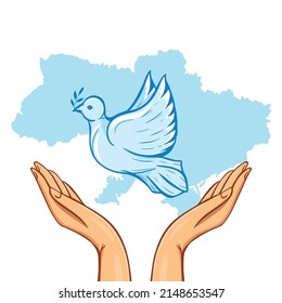 White Dove Symbol of Peace over Raised Human Arms.