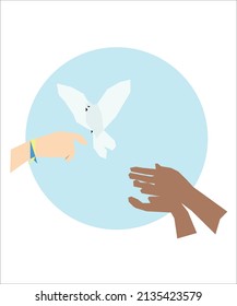 A white dove, a symbol of peace, sits on the palm of a hand with a ribbon in the color of the Ukrainian flag.