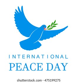 White Dove Vector Icon with Olive Branch. Peace Symbol. Pigeon Isolated Logo. White Flying Bird Emblem. Flat Dove Sign. International Day of Peace Poster Template with white dove, olive. 21 september.