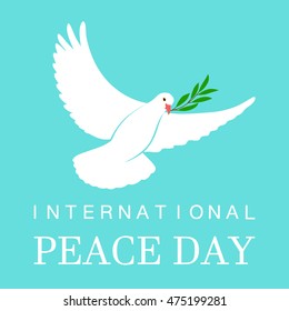 White Dove Vector Icon with Olive Branch. Peace Symbol. Pigeon Isolated Logo. White Flying Bird Emblem. Flat Dove Sign. International Day of Peace Poster Template with white dove, olive. 21 september.