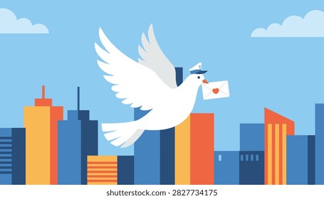 White dove wearing a captain hat flies through the blue sky carrying a love letter over a modern city skyline.