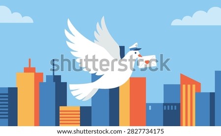 White dove wearing a captain hat flies through the blue sky carrying a love letter over a modern city skyline.