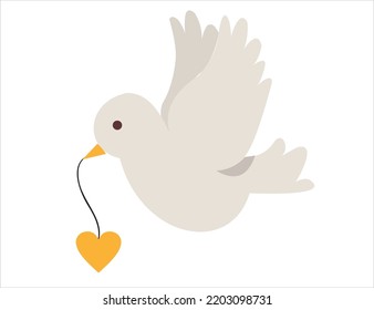 White dove with yellow heart in its beak. Peace