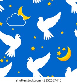 White doves in a blue sky with yellow stars and a crescent moon. Seamless cute pattern. Vector.