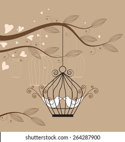 White doves in a cage vector illustration 