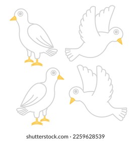 White doves flying on white background.Bird and pigeon.International peace day.Animal or poultry.Sign, symbol, icon or logo isolated.Flat design.Cartoon vector illustration.Graphic pictogram.