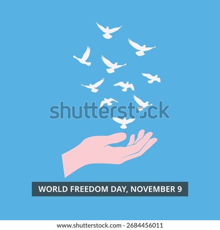 White doves flying from open hand bird flock