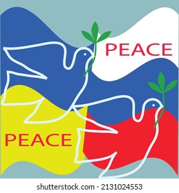 White doves with a green branch symbolizing peace are flying against the background of the Ukrainian and Russian flags. Peace text on background of flags against war between countries..
