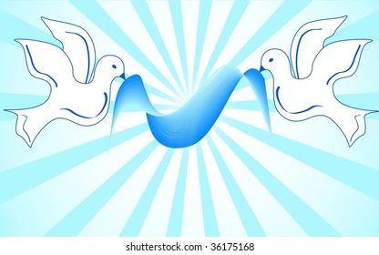 White doves holding blue ribbon. vector