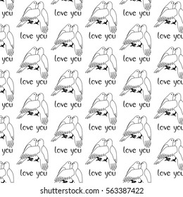 White doves hug. Seamless background pattern. Vector illustrations