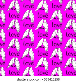 White doves kiss on pink background. Seamless  pattern. Vector illustrations