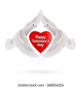 White doves makes the shape of the wings of the heart on white background