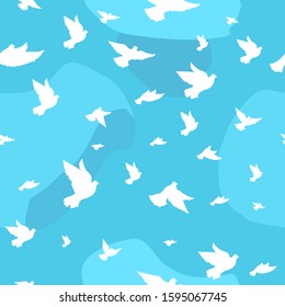 White doves on a background of blue sky with clouds. Vector seamless pattern