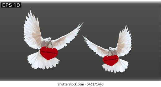 white doves on a gray background, Polygonal Mosaic Background, Vector illustration, Business Design Templates,Low Poly white doves flying, Valentine's Day, 
doves with a heart in its beak