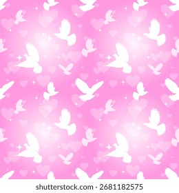 White doves on a pink background with hearts. Seamless pattern, print, vector illustration