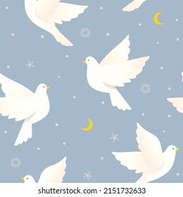 White doves on a starry blue sky. Dove seamless pattern.