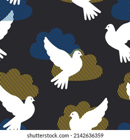 White doves of peace fly among yellow and blue clouds against a gloomy black sky. Seamless pattern in support of Ukraine. Vector.