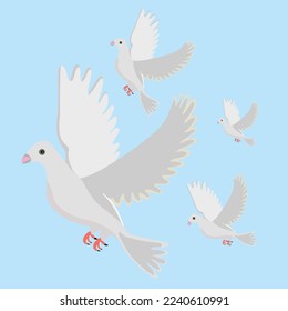 White doves, pigeons isolated on a blue background. peace symbol,Vector illustration.Flying pigeons flat composition with flock of birds with white wings on clear blue sky