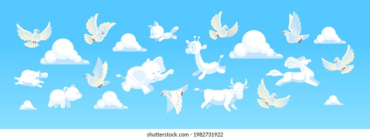 White doves or pigeons in the sky with cloud-shaped animals with elephant, giraffe, horse, sheep, bear, fox, and cow. Cartoon vector illustration.