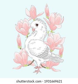 white doves and pink magnolia flowers on a blue background, spring vector illustration