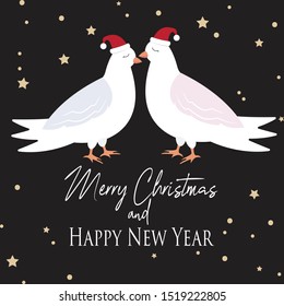 White Doves, Santa hats, pattern, black background