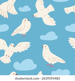 White doves seamless pattern. Cute city pigeons and clouds, repeated urban doodle birds, peace, love, faith symbol. Textile, wrapping paper, wallpaper. Print for fabric garish vector background
