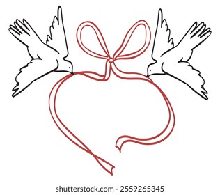 White doves for the Valentine's Day or wedding. Vector illustration of flying birds holding bow ribbons. Romantic messenger concept. Design elements for invitation, banner or postcard in doodle style.