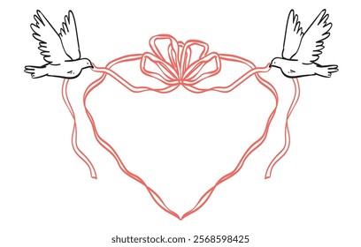 White doves for the Valentine's Day or wedding. Vector illustration of flying birds holding bow ribbons. Romantic messenger concept. Design elements for invitation, banner or postcard in doodle style.