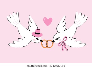 Palomas blancas para el día de San Valentín o boda. Ilustración vectorial de pájaros voladores sosteniendo anillos. Concepto romántico. Elementos de diseño para invitación, Anuncio o postal en estilo doodle.