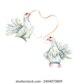 White doves watercolor. Illustration of peace symbol birds, ribbon. Greeting cards, wedding invitations, banners, flyers, birthday posters, festivals.