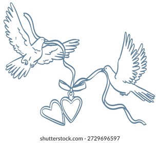 Weiße Tauben für Hochzeitseinladungen, Menüdesign. Vektorgrafik von fliegenden Vögeln, die ein Medaillon auf Schleifen halten. Romantisches Botenkonzept. Gestaltungselemente für Postkarte im Doodle-Siegerstil.