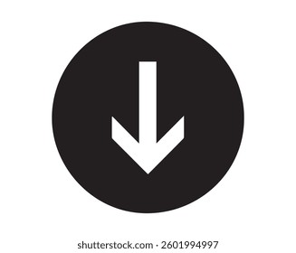 White Down Arrow in Black Circle – Navigation and Direction Symbol or icon Vector EPS File.