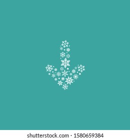 White Down Arrow Made Of Snowflakes And Stars. Vector Icon Isolated On Blue Background. Continue Icon.  Load Or Download Sign. Christmas Arrow. New Year Holiday Clipart