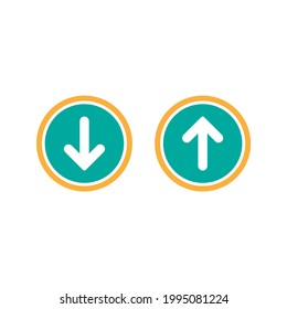 white  up and down arrows in blue circle. flat icon isolated on white. point down button. south sign. Upload icon. Upgrade. download, share